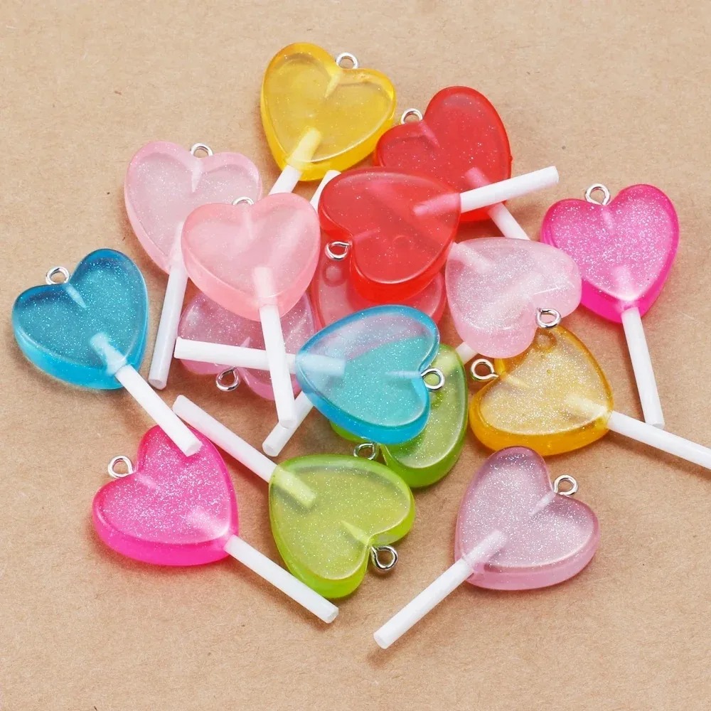 Resin Craft Material - 10Pcs Gantungan Resin Permen Lolipop Hati